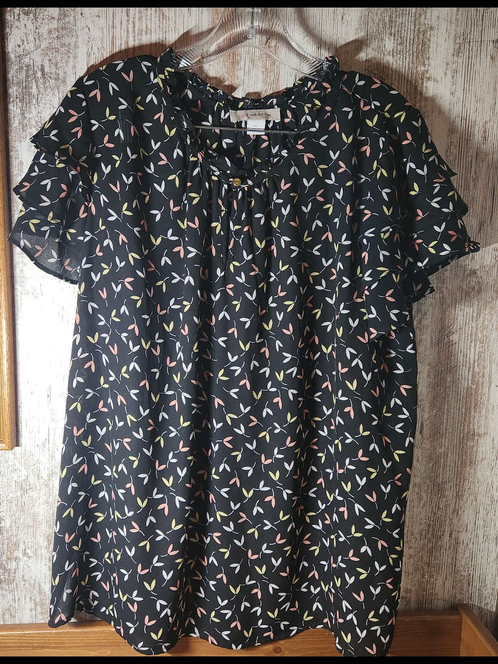 Liz Claiborne Black Floral Leaf Print Ruffle-Sleeve Top XL